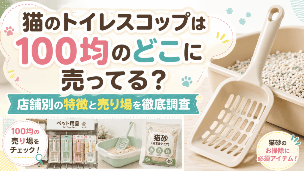 猫のトイレスコップは100均のどこに売ってるか、店舗別の特徴や売り場を紹介するアイキャッチ画像