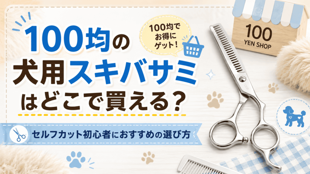 100均の犬用スキバサミはどこで買えるのか、セルフカット初心者向けの選び方を紹介するアイキャッチ画像