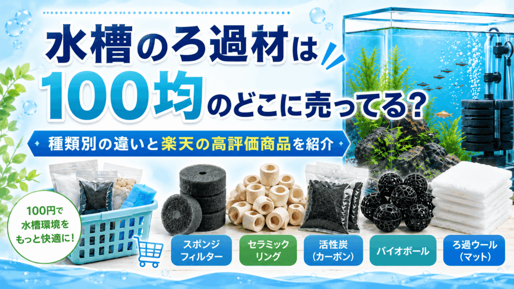 水槽のろ過材は100均のどこに売ってるか、スポンジ・セラミックリング・活性炭などの種類別の違いと楽天の高評価商品を紹介するアイキャッチ画像