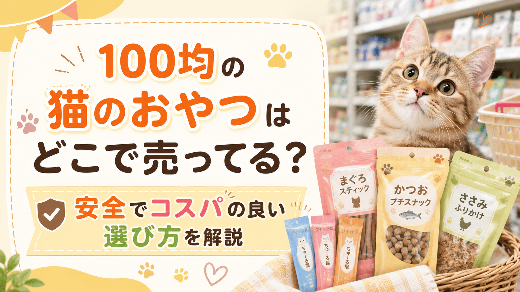 100均で買える猫のおやつの売り場や安全でコスパの良い選び方を解説するアイキャッチ画像