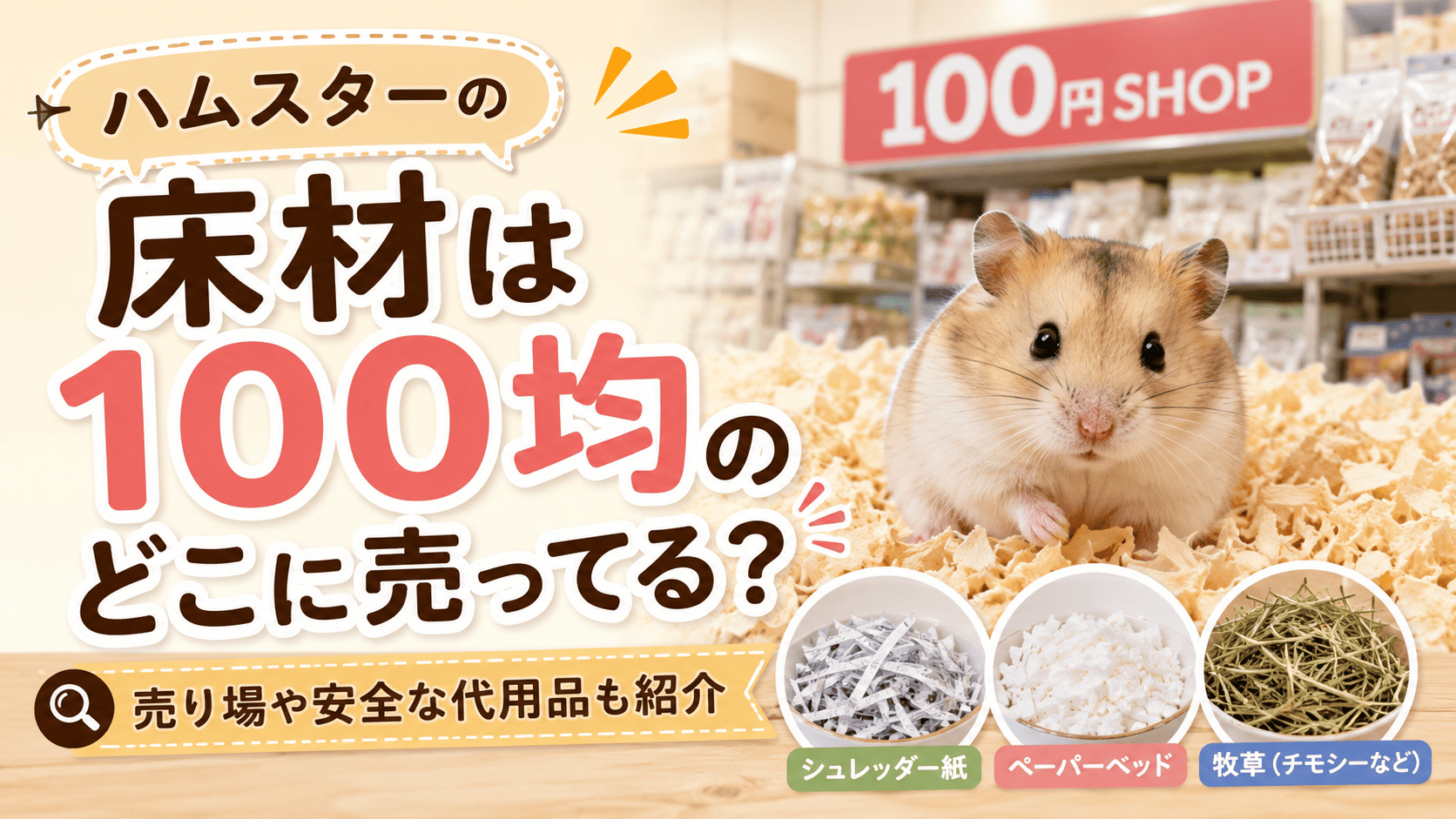 ハムスターの床材は100均のどこに売ってるのか、売り場や安全な代用品を紹介するアイキャッチ画像